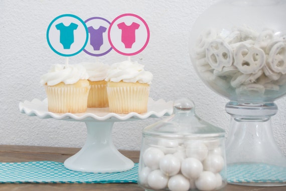 Set of 12 OnePiece Toppers, Girl Baby Shower, Pink Purple Turquoise, Cupcake Toppers Il_570xn