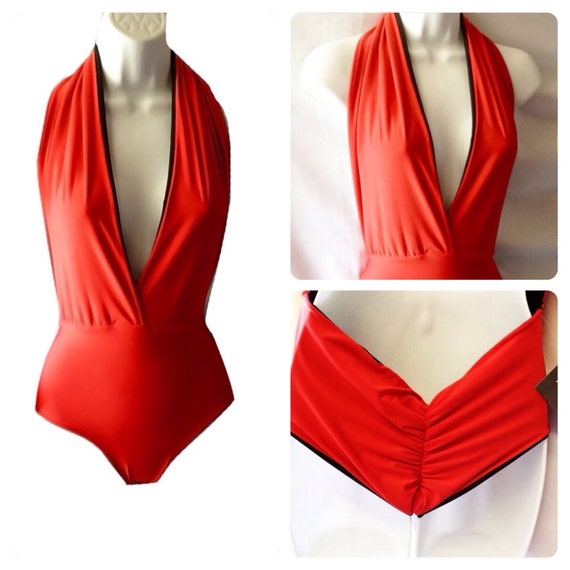 RUBY Red One Piece bathing suit Sexy v neck bathing suit