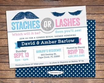 Gender Reveal Invitation, Staches or Lashes Gender Reveal Party Invitation, Lashes or Staches Gender Reveal Party Invitations
