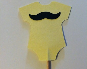 12 yellow onesies with mustache cupcake toppers- baby shower-onesie toppers-t shirt toppers