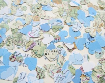 World Map Atlas Confetti Hearts - Choose from amounts of 200 to 2000 - Wedding Travel Decor