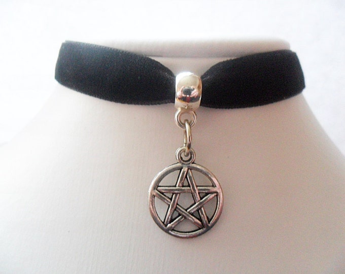 Velvet choker necklace Black with pentagram charm and a width of 3/8” Ribbon Choker Necklace (pick your neck size)