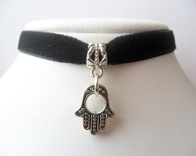 Velvet choker with Hamsa hand charm and a width of 3/8”Black Ribbon Choker Necklace (pick your neck size)