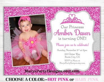 Princess Birthday Invitation - Gold Glitter Princess Crown Pink Silver Tiara Royal Blush 1st First Photo Picture - Digital Printable