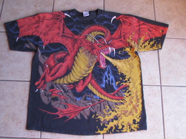 FIRE BREATHING DRAGON T Shirt 90's // Rad Liquid Blue