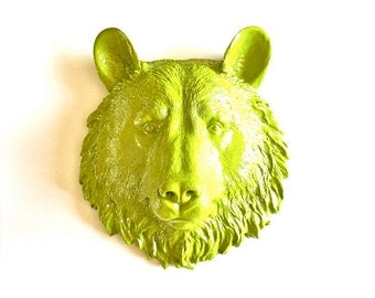 CHARTREUSE Faux Taxidermy Small Bear Head wall mount in chartreuse (yellow green): Bob the Bear // nursery // office // woodland // fake