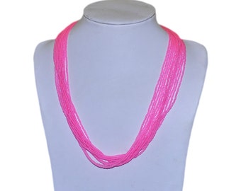 Neon Fuchsia Multi-Strand Seed Beads Necklace with silver plated findings, Nepal