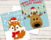 Christmas Greeting Cards - Holidays - Believe in the Magic - Owl and Reindeer - 5.5"X4.25" - Illustration- Folded Card - DIGITAL FILE Il_170x135