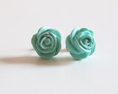 Handmade Polymer Clay Post Earrings // Victorian Inspired Medium AQUA ROSES