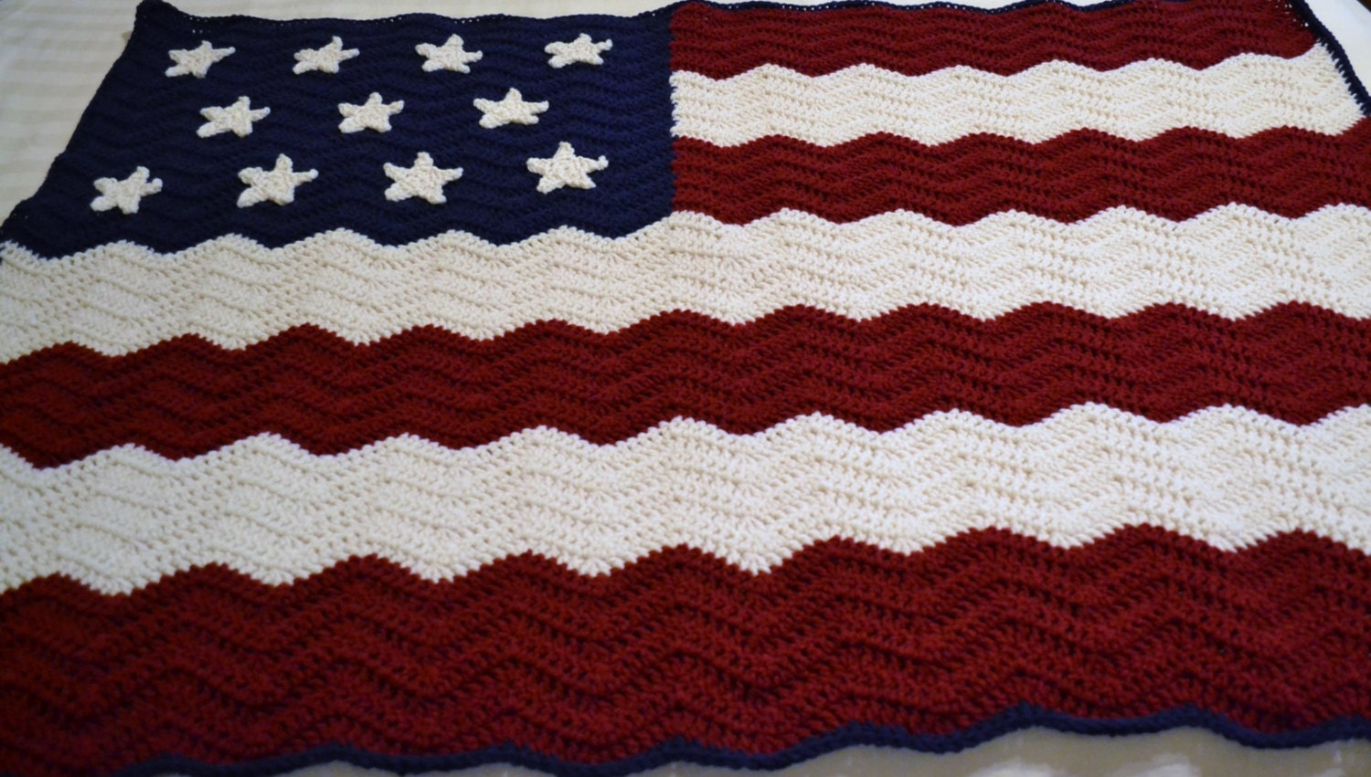 Crochet Afghan Blanket American Flag Red White Blue Patriotic