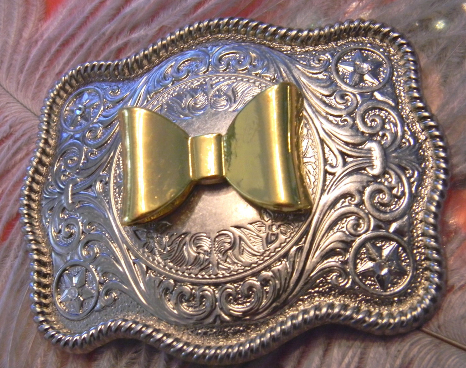 Gold Bow Belt Buckle Silver Western Engraved Womens Girls