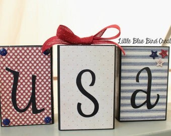 USA wood block set - independence - patriotic - Americana - red white blue home decor - fourth of july