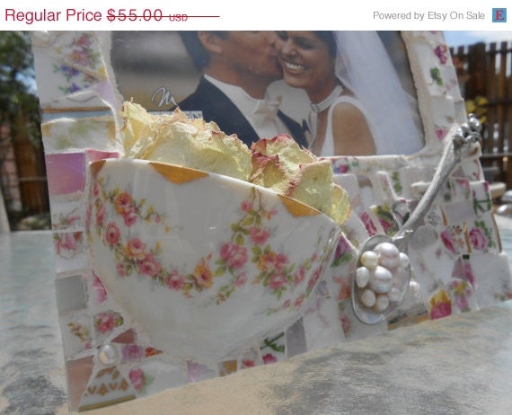 VALENTINES DAY 14% SALE Broken China Mosaics - Vintage China Mosaic Picture Frame for a 4x6 Photo Wedding or Shower- Mosaics - Picture Frame