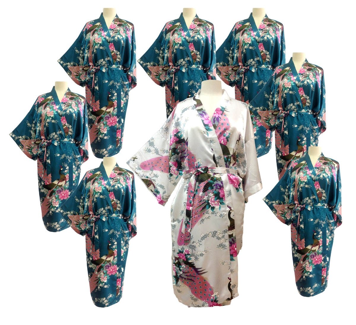 Set 8 Kimono Robes Bridesmaids Silk Satin 1 White 7 Teal