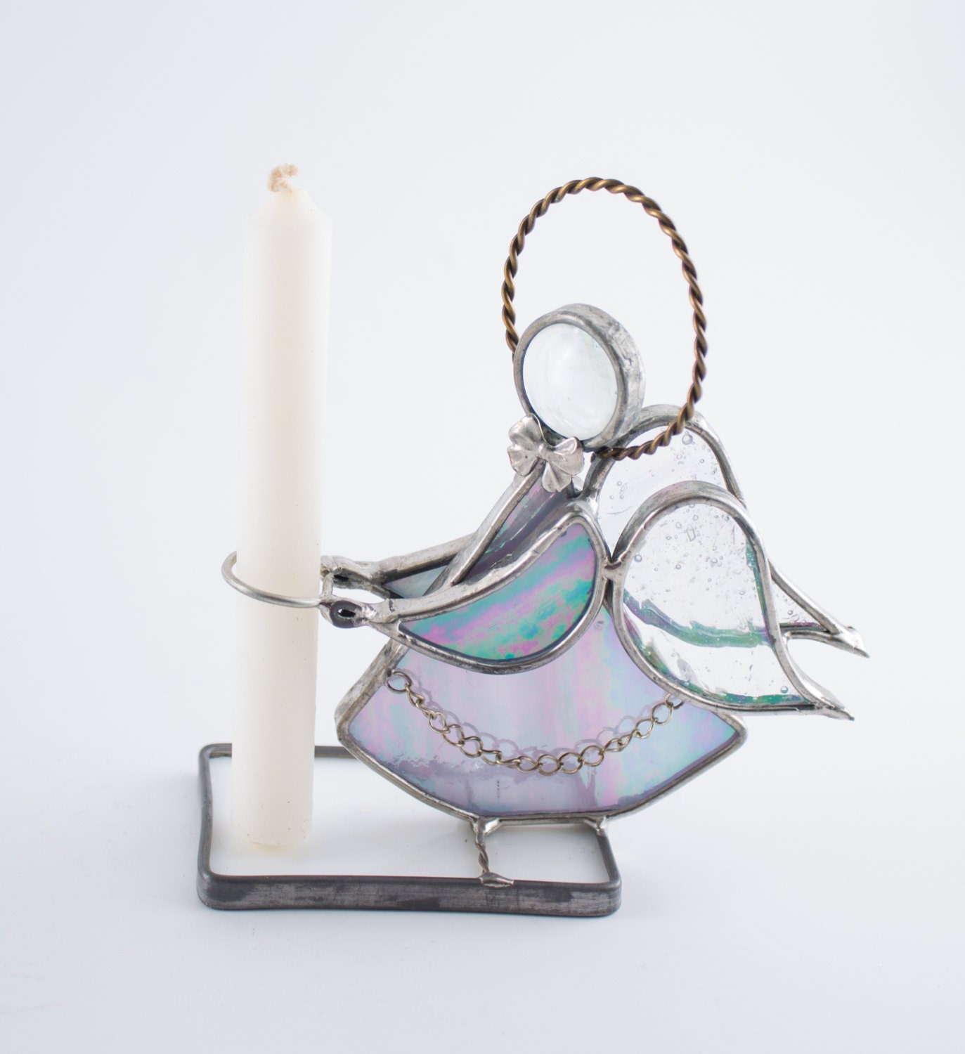 Stained Glass Angel Candle Holder Purple Iridescent