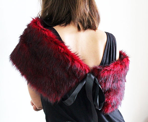 Shrugs Boleros Red and Black Fur Shrug Faux Fur Shawl