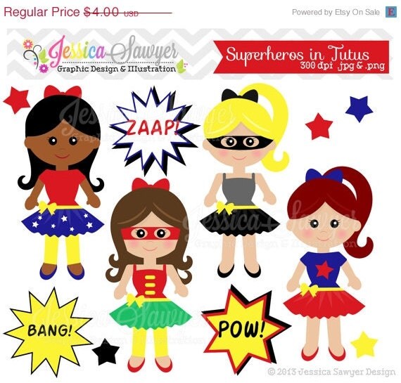 50% OFF - INSTANT DOWNLOAD, super heros in tutus clipart, comic clip art, for personal use, commercial use, party supply, scrapbooking Il_570xn