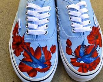 Custom Painted Flower Sparrow Bird Vans Shoes