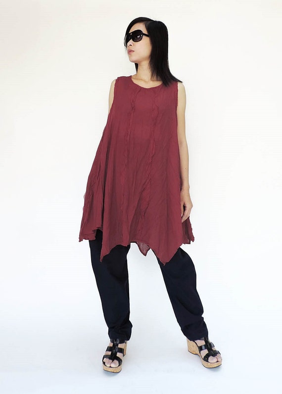 NO.8 Red Cotton Gauze Asymmetric Tunic Top Tank Top