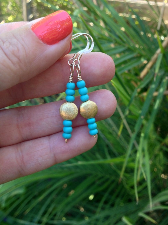 Turquoise Matte Czech Glass and Gold Vermeil Earrings