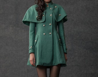 Cape, Cape Coat, military jacket women, military capelet, green wool cape, coat, capes, wool cape coat, military cape, womens jackets C796