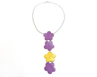 Flower Necklace, Leather Necklace, Leather Flower Necklace, Purple, Yellow, Flower pendant, Small Daisy Necklace, Minimal necklace, Jewelry