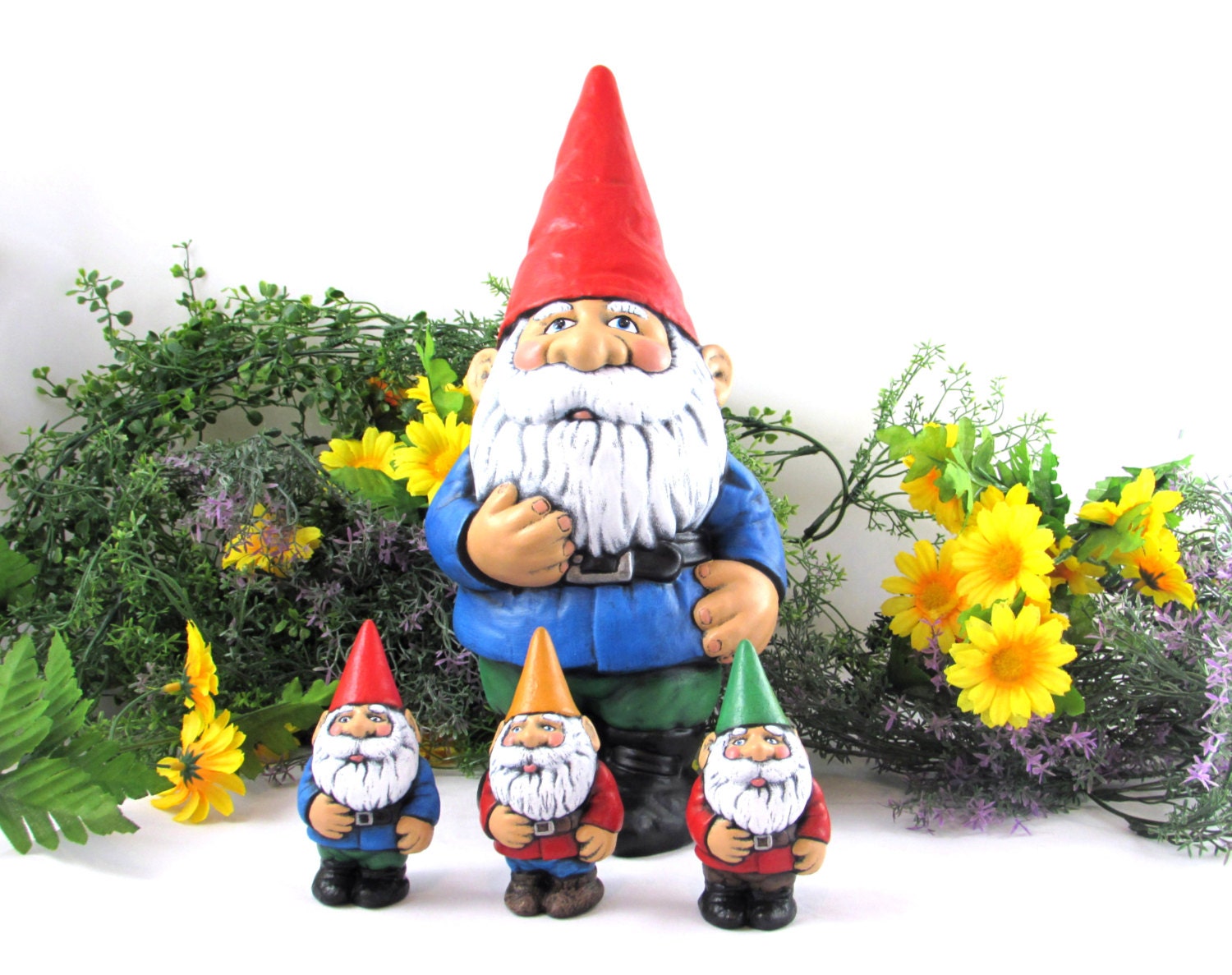 Garden Gnome Set Ceramic hand painted One large gnome and