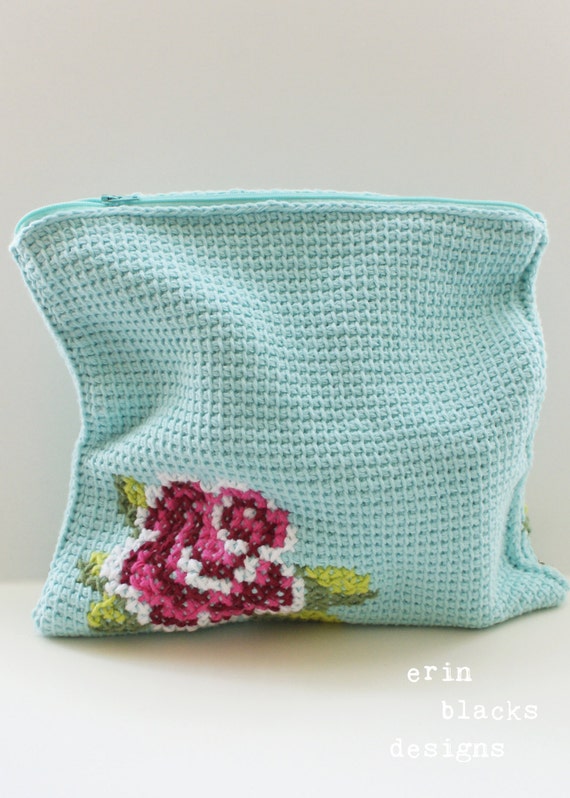 DIY Tunisian Crochet PATTERN - Cotton Pink Rose Bloom Clutch (11" x 11") (tunisian007)