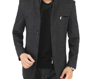 Men's High collar Breasted Wool Trench Coat Jacket by ZenbClothing