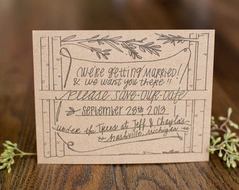 Tall Trees Save-The-Dates; Rustic; Wedding; Invitation; Recycled; Custom; Original; Woods;Outdoor; Nature; Hand Lettered; Illustrated