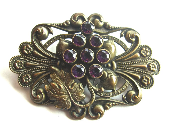 Art Nouveau Brooch, Amethyst Antique Sash Pin, Grapes and Leaves, Art Nouveau Jewelry