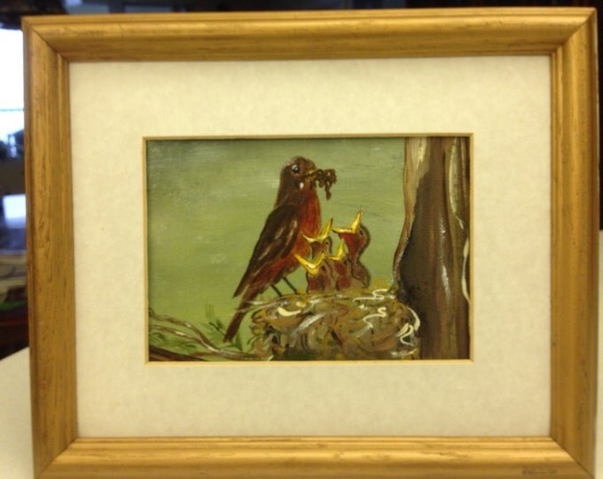Mother Robin feeding her Babies. Acrylics on Canvas. Wood Frame with Tan Matte