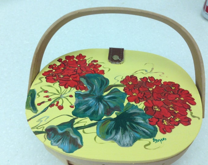 Wicker Basket with Wooden Hinged Lid and Handle - Acrylic Painted Geraniums on Top