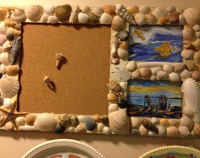 Wood Base - Bulletin Board, Picture Frames and Hooks Decorated with Shells