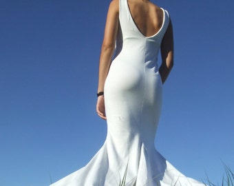 Beach Wedding Dress-White Maxi Dress- Low V-back- Godets- Organic Cotton Lycra- Eco Friendly