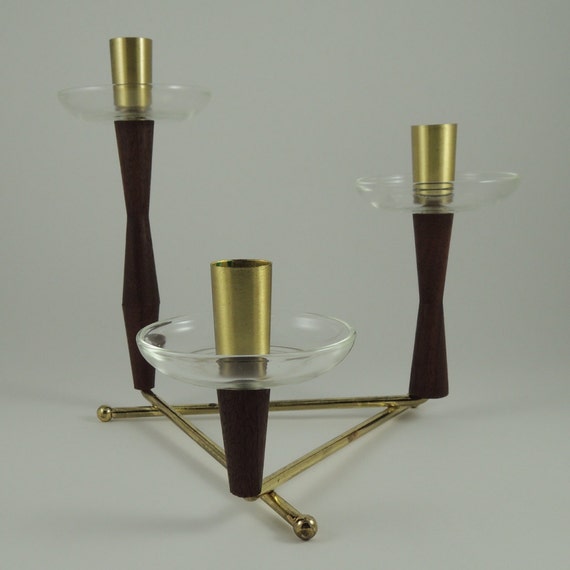 Mid Century Danish Modern Brass And Wood Candle Holder