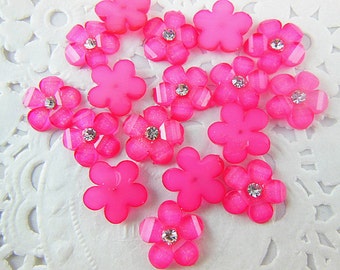 14mm Hot pink Flower with rhinestone resin flatback cabochon 30pcs