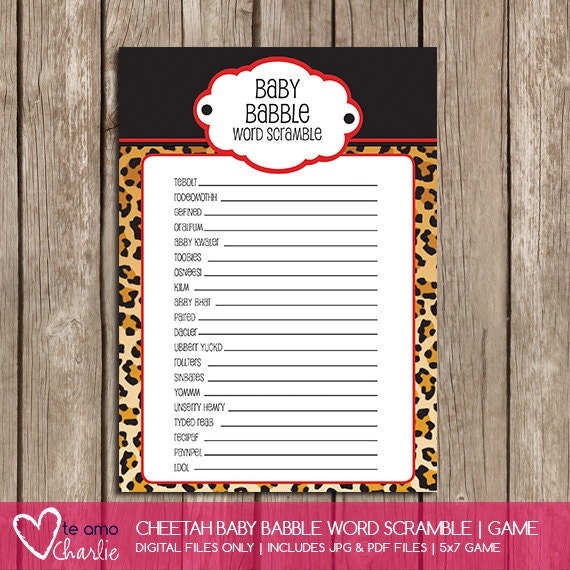 Baby Babble Word Scramble Baby Shower Game Cheetah Theme