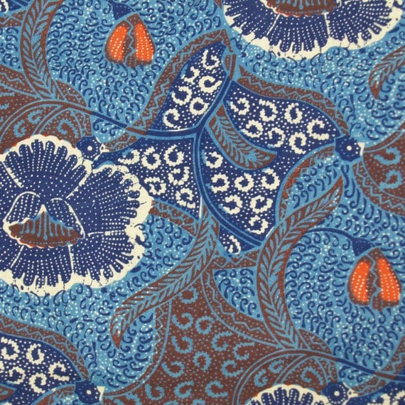 vintage blue brown cream fabric // batik look // by torchvintage