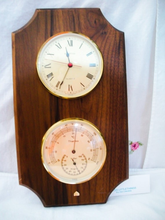 Vintage Hampton Quartz Clock And Thermometer Wood Made in