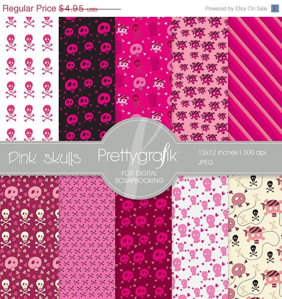 80% OFF SALE Pink skulls digital paper, commercial use, scrapbook papers, background - PS531 Il_570xn