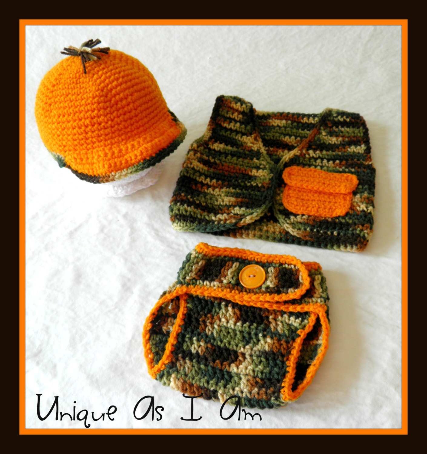 Crocheted Baby Hunting Hat Vest and Diaper Cover/Photo Prop