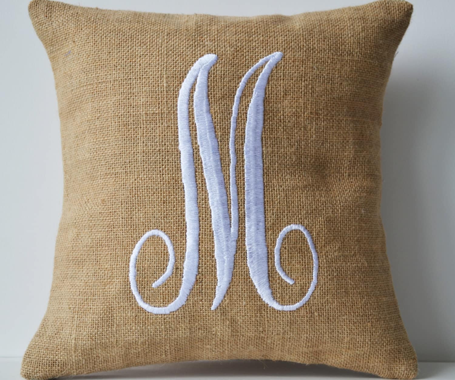 Monogram Pillows Natural Burlap With White Embroidered Letter