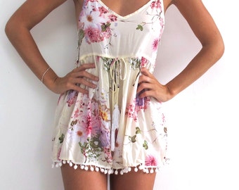 Pink Blossom Pom Pom Jumpsuit / Playsuit, Short Beach Dress, Floral Print Skort Shorts