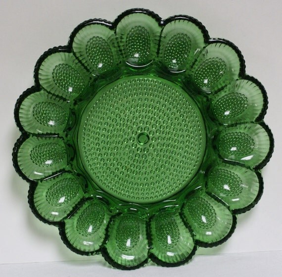 Vintage Green Indiana Olive Glass Deviled Egg Plate Platter
