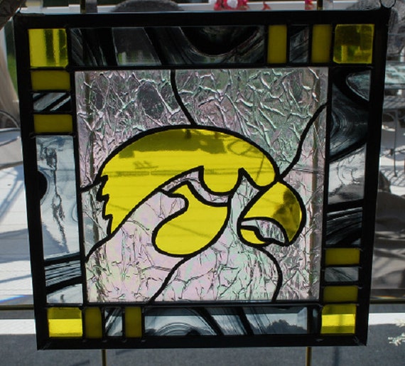 Stained glass Iowa Hawkeye panel black border suncatcher