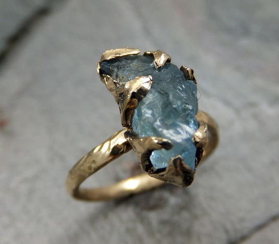 Raw Uncut Rough Aquamarine Solid 14K Gold Ring One of a Kind