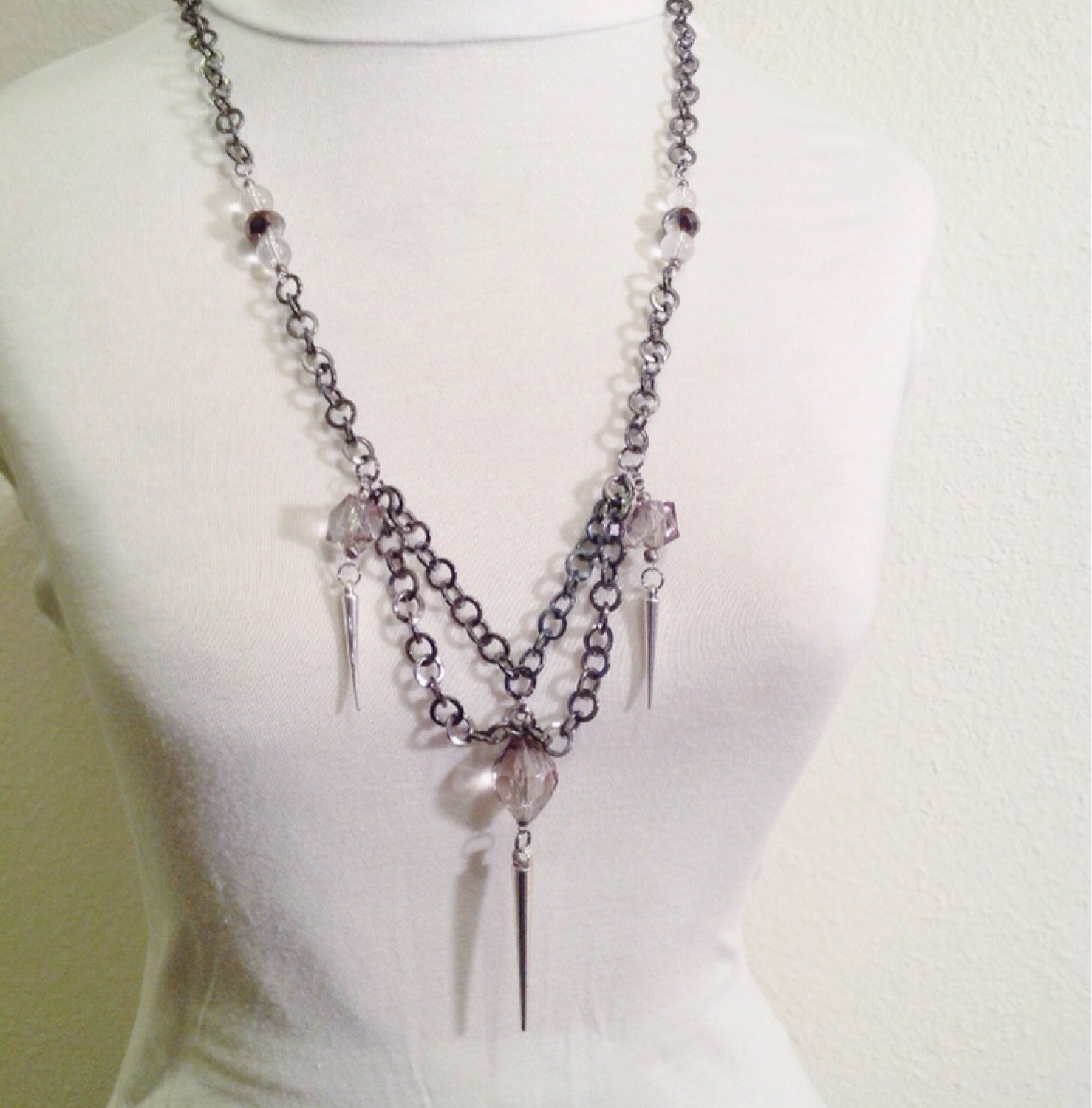 Long steam punk spike necklace // metal spike necklace