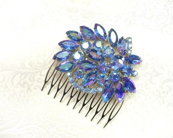 Vintage Bridal or Formal Hair Comb - silver tone - Blue Aurora Borealis RHINESTONE - something blue - vintage WEDDING - BRIDAL - bridesmaid