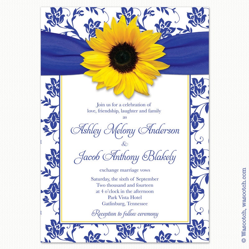 Sunflower Royal Blue Yellow Damask Floral Ribbon Wedding